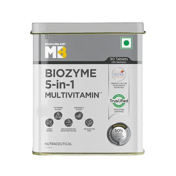 MuscleBlaze Biozyme 5-in-1 Multivitamin | 90 Tablets | Advanced Formula for Energy, Immunity, Recovery, Joint Health & Digestion