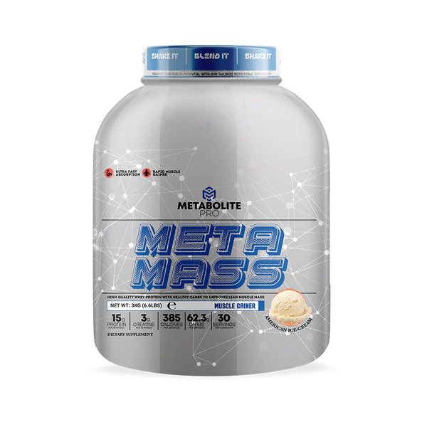 Metabolite Meta Mass | 3kg / 5.44kg | Advanced Weight & Muscle Gainer | High-Calorie Formula with 22g Protein & 70g Carbs per Serving | Flavours: American Ice Cream, Belgian Chocolate